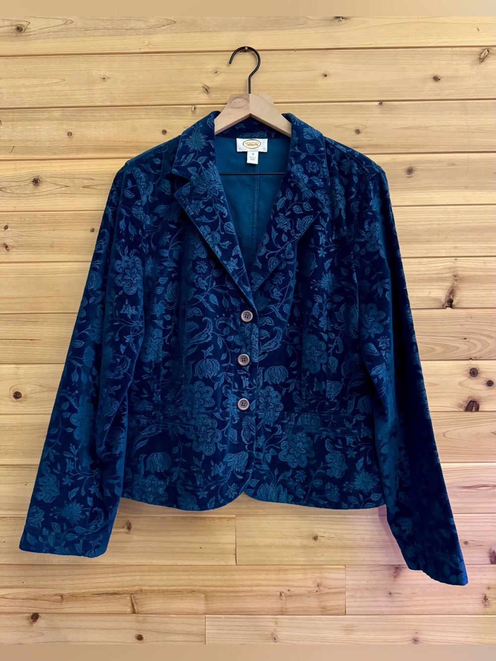 VNTG Talbots Large Deep Blue Green Crushed Velvet Floral Embossed Button Blazer